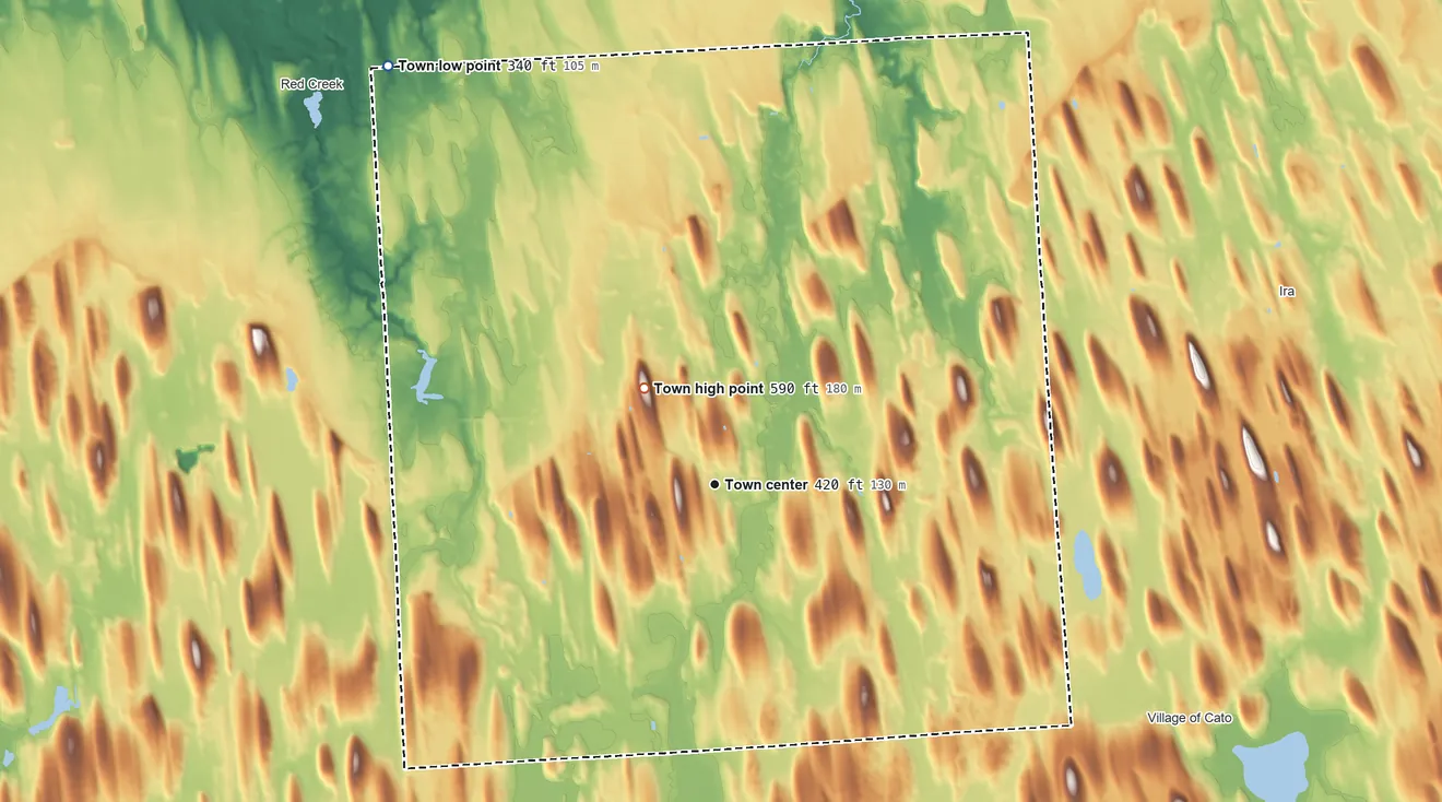 Topographic elevation map of Victory, New York, shaded from 340 ft on the northwest side to 590 ft on the northwest side