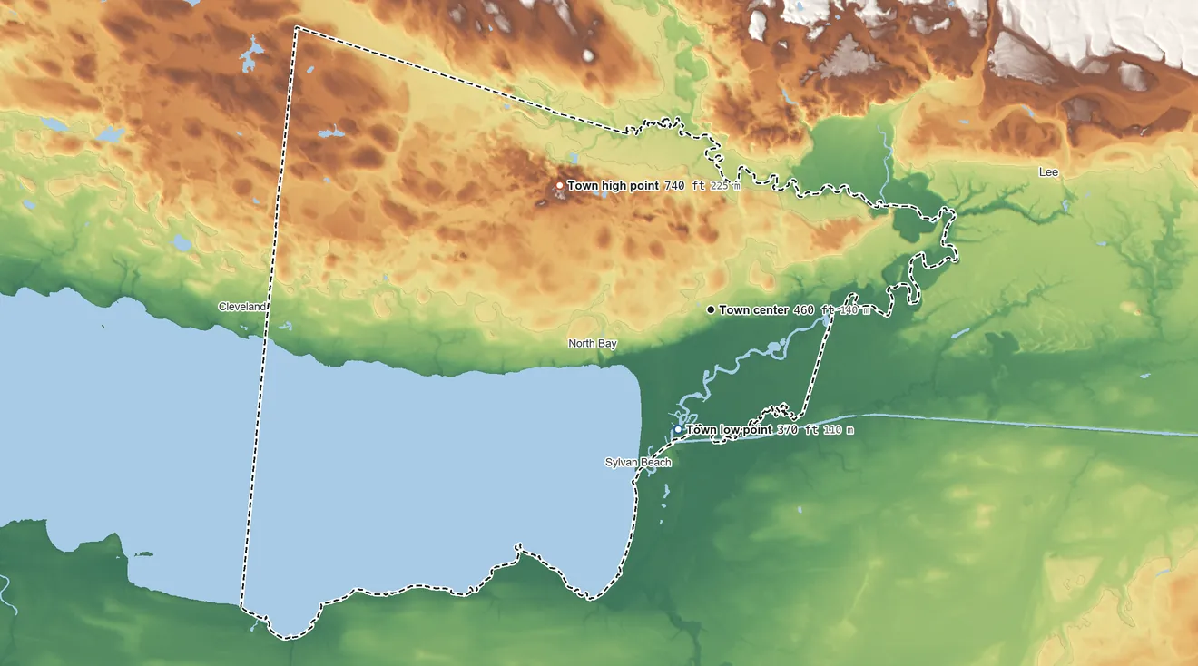 Topographic elevation map of Vienna, New York, shaded from 370 ft on the south side to 740 ft on the northwest side