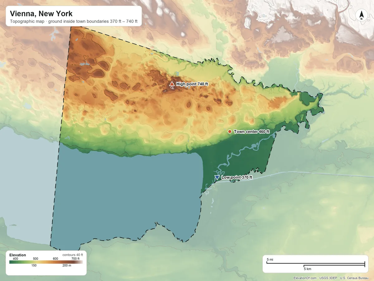 Topographic elevation map of Vienna, New York, shaded from 370 ft on the south side to 740 ft on the northwest side
