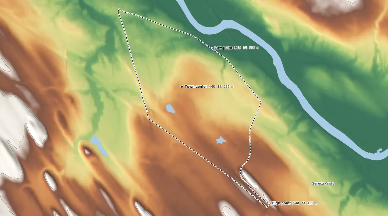 Topographic elevation map of Village Green, New York, shaded from 370 ft on the northeast side to 500 ft on the southeast side