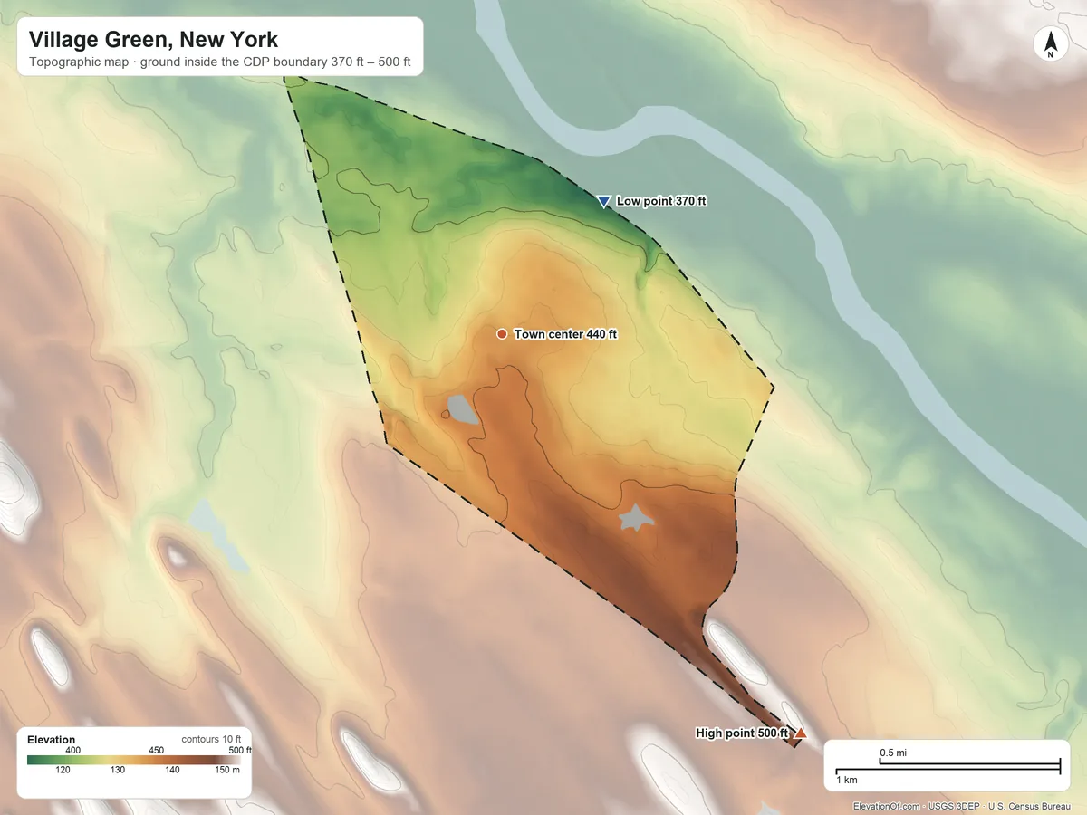 Topographic elevation map of Village Green, New York, shaded from 370 ft on the northeast side to 500 ft on the southeast side