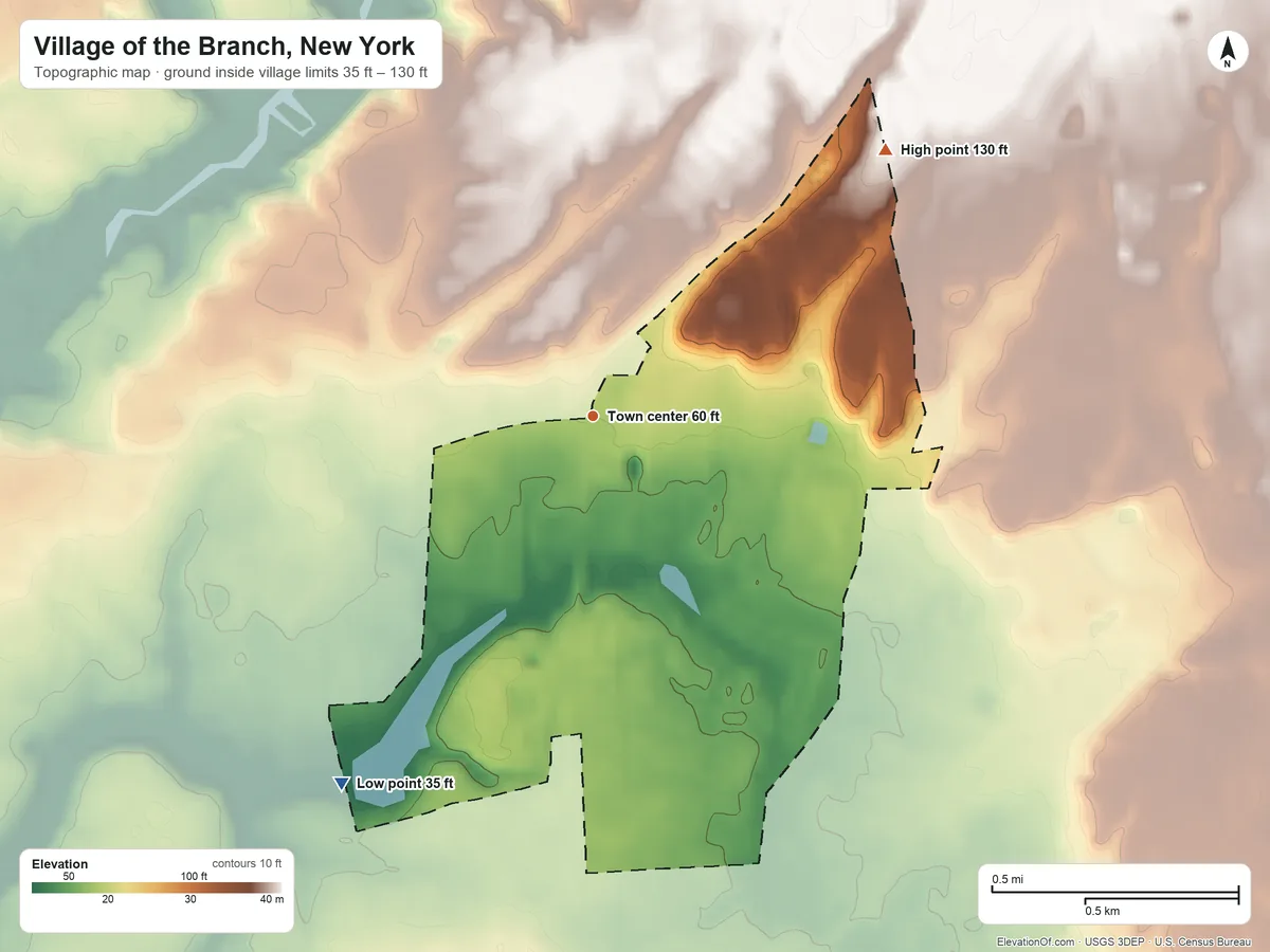 Topographic elevation map of Village of the Branch, New York, shaded from 35 ft on the southwest side to 130 ft on the northeast side
