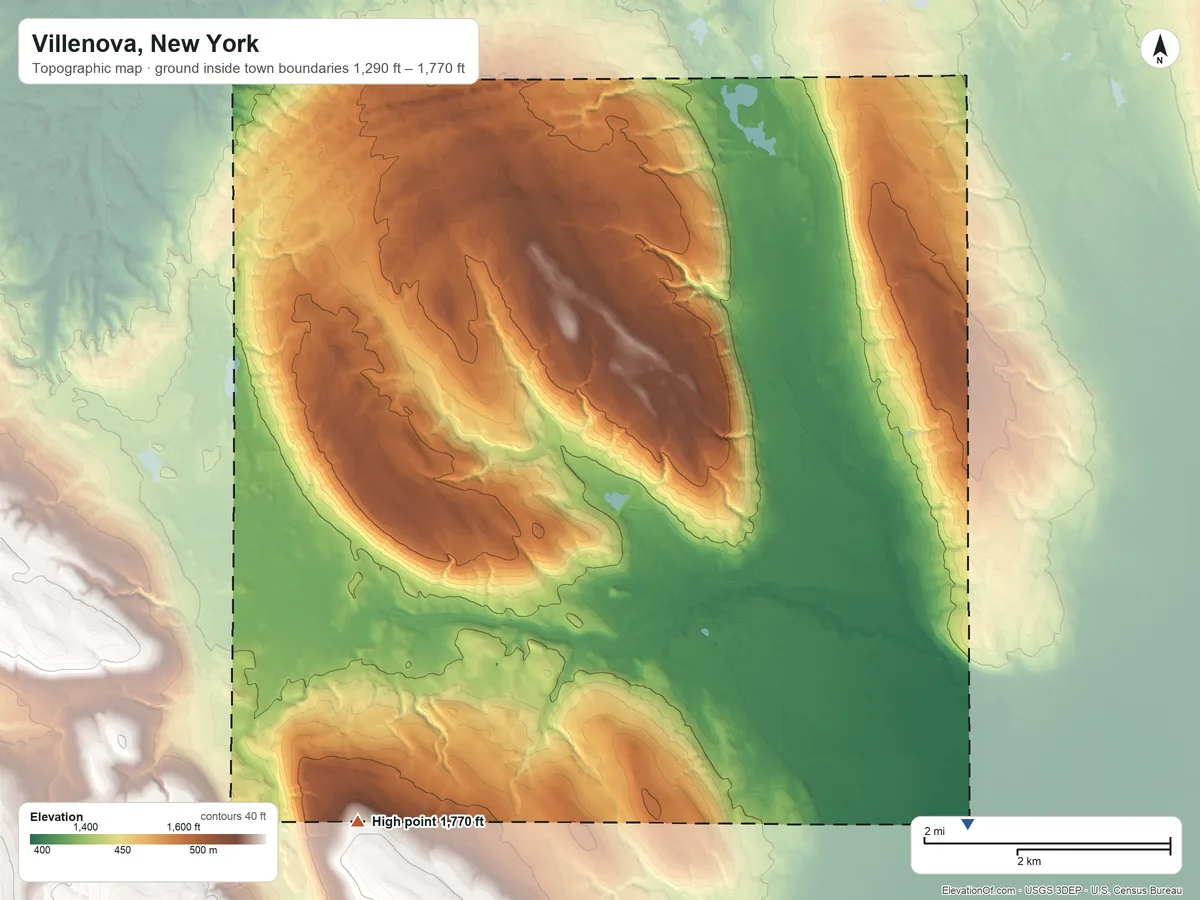 Topographic elevation map of Villenova, New York, shaded from 1,290 ft on the southeast side to 1,770 ft on the southwest side
