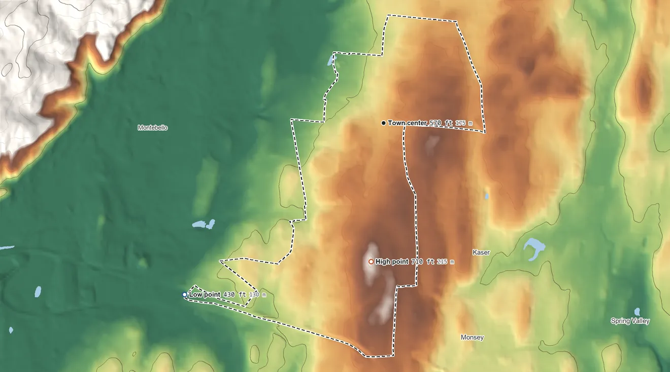 Topographic elevation map of Viola, New York, shaded from 430 ft on the southwest side to 710 ft on the south side