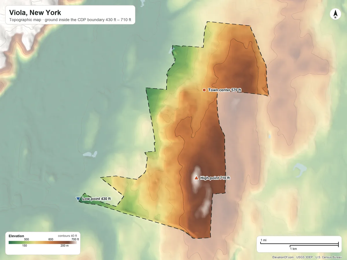 Topographic elevation map of Viola, New York, shaded from 430 ft on the southwest side to 710 ft on the south side