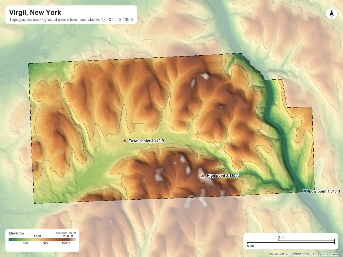 Topographic elevation map of Virgil, New York, shaded from 1,040 ft on the east side to 2,130 ft on Virgil Mountain
