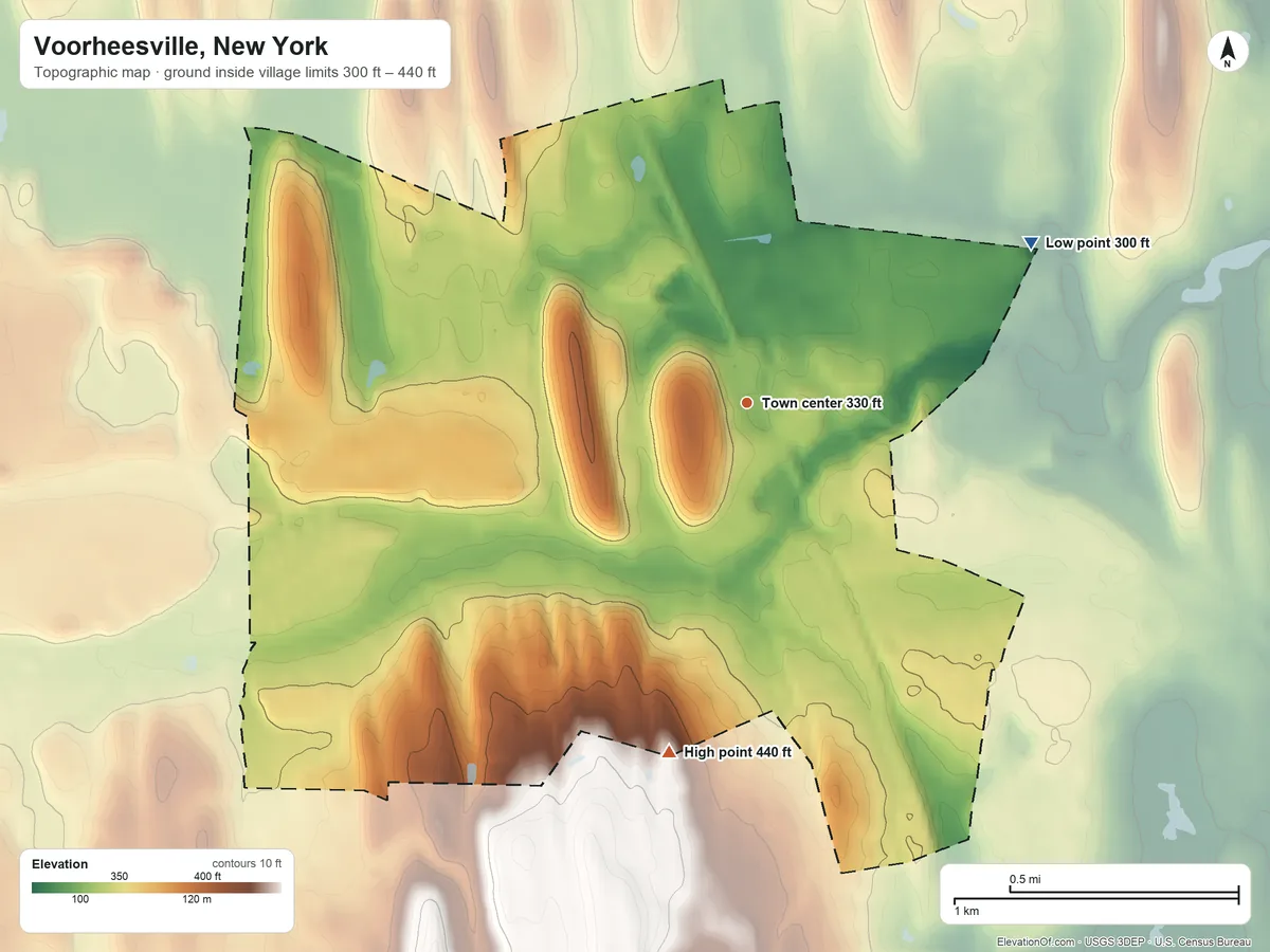 Topographic elevation map of Voorheesville, New York, shaded from 300 ft on the northeast side to 440 ft on the south side