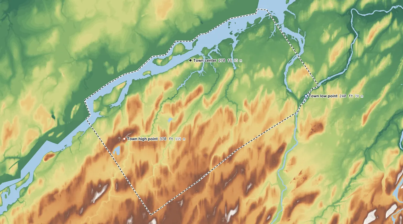 Topographic elevation map of Waddington, New York, shaded from 240 ft on the east side to 370 ft on the southwest side