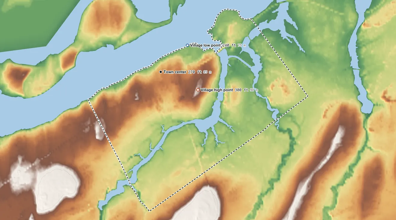 Topographic elevation map of Village of Waddington, New York, shaded from 240 ft on the northeast side to 300 ft on the southeast side
