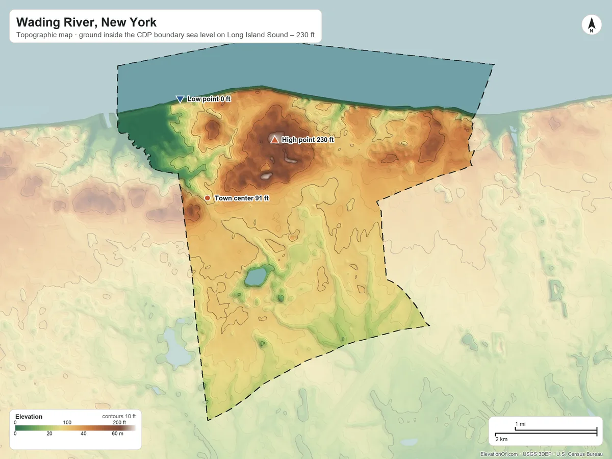 Topographic elevation map of Wading River, New York, shaded from sea level level on Long Island Sound to 230 ft on the northeast side