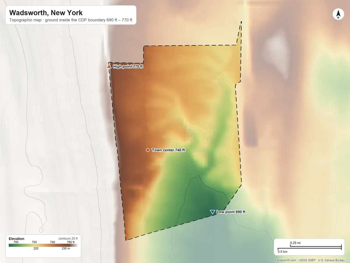 Topographic elevation map of Wadsworth, New York, shaded from 690 ft on the southeast side to 770 ft on the northwest side