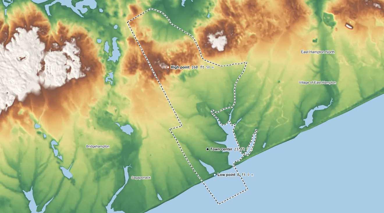Topographic elevation map of Wainscott, New York, shaded from sea level level on the Atlantic Ocean to 160 ft on the northwest side