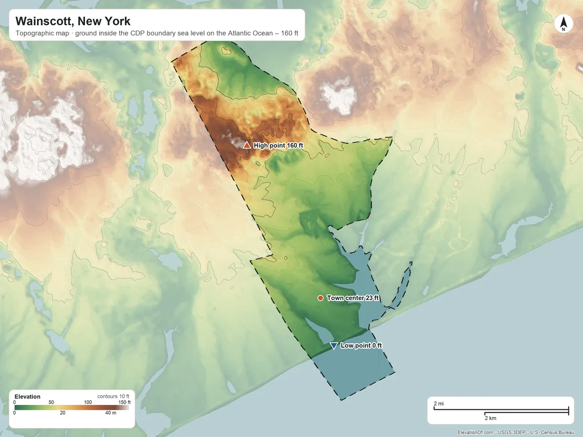 Topographic elevation map of Wainscott, New York, shaded from sea level level on the Atlantic Ocean to 160 ft on the northwest side