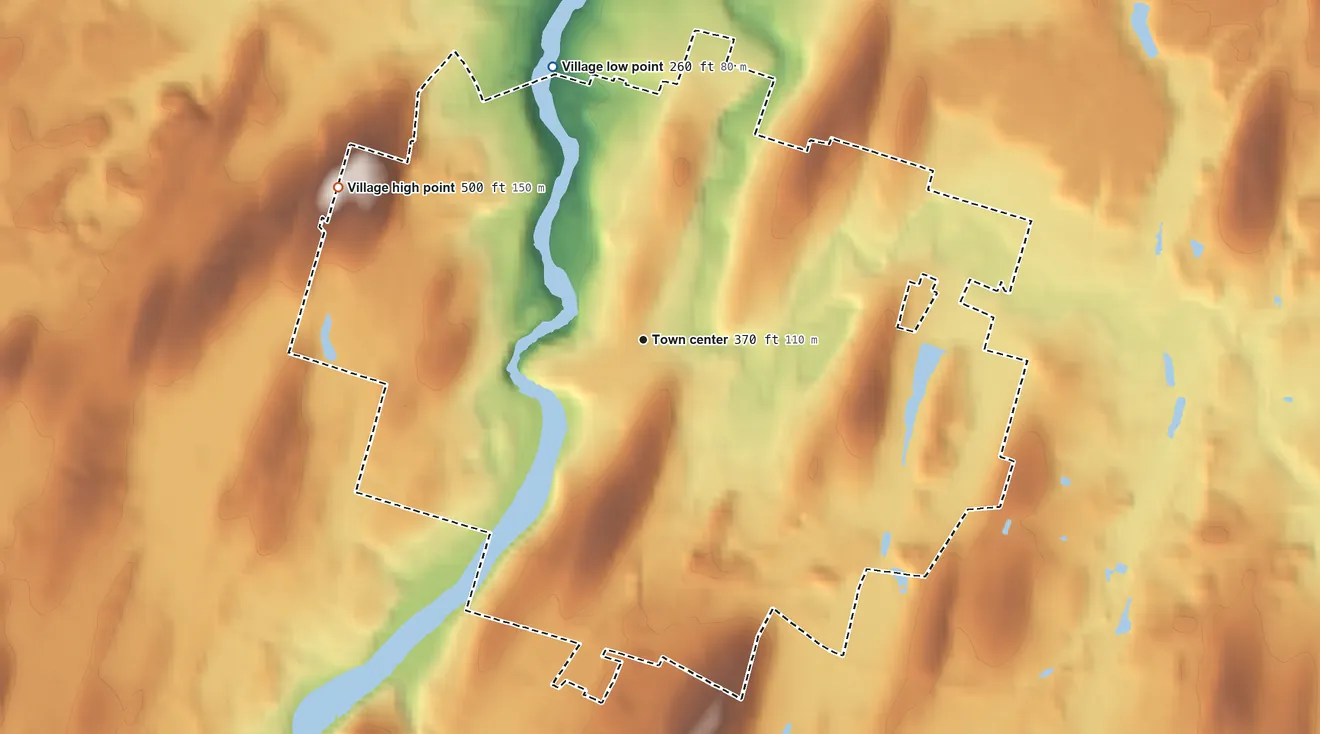 Topographic elevation map of Walden, New York, shaded from 260 ft on the north side to 500 ft on the northwest side