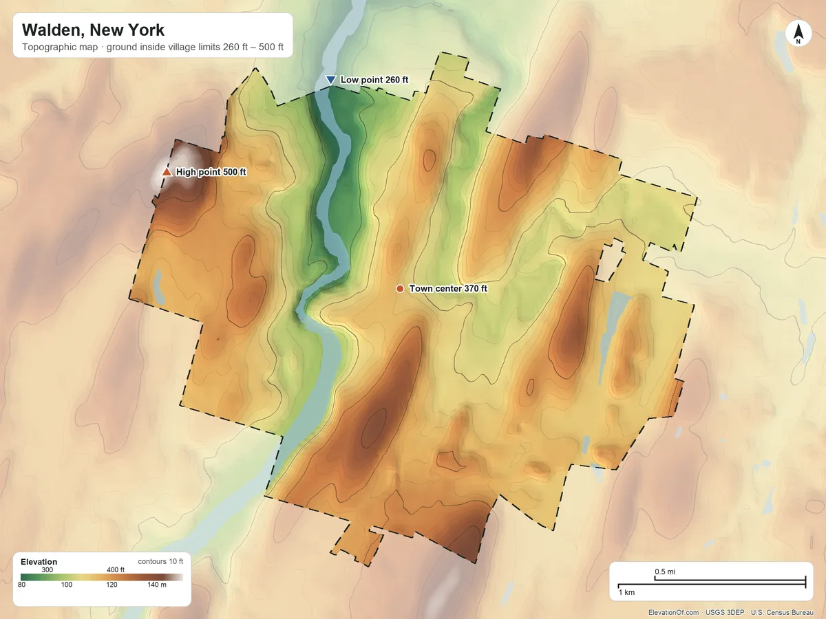 Topographic elevation map of Walden, New York, shaded from 260 ft on the north side to 500 ft on the northwest side