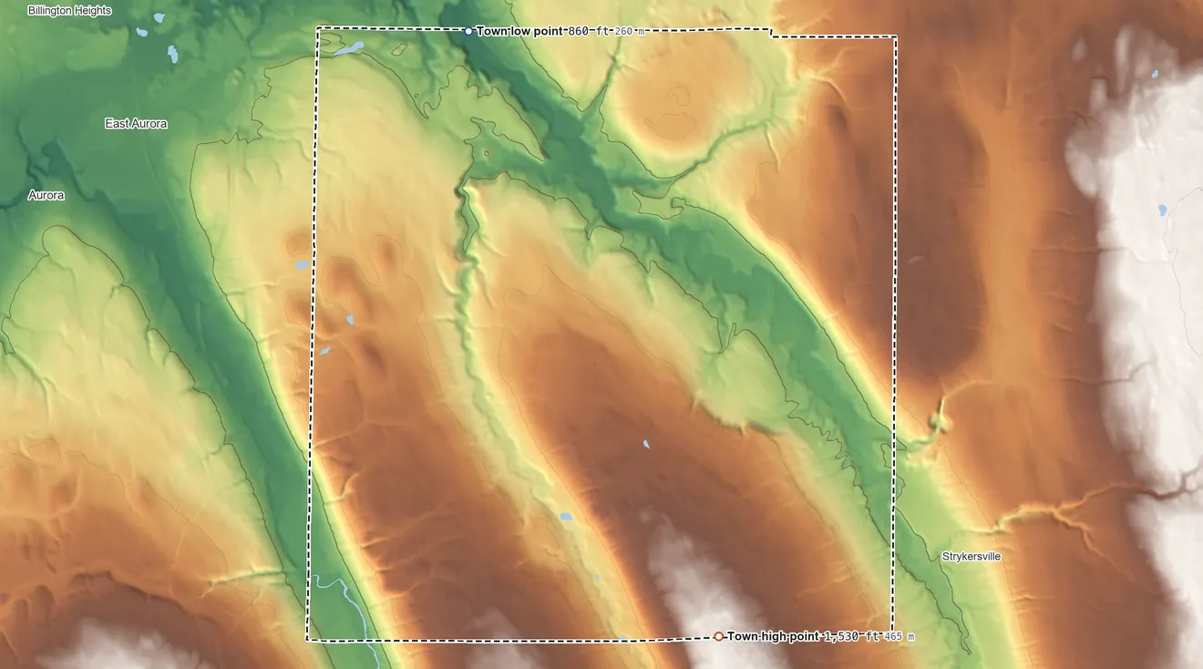 Topographic elevation map of Wales, New York, shaded from 860 ft on the north side to 1,530 ft on the southeast side