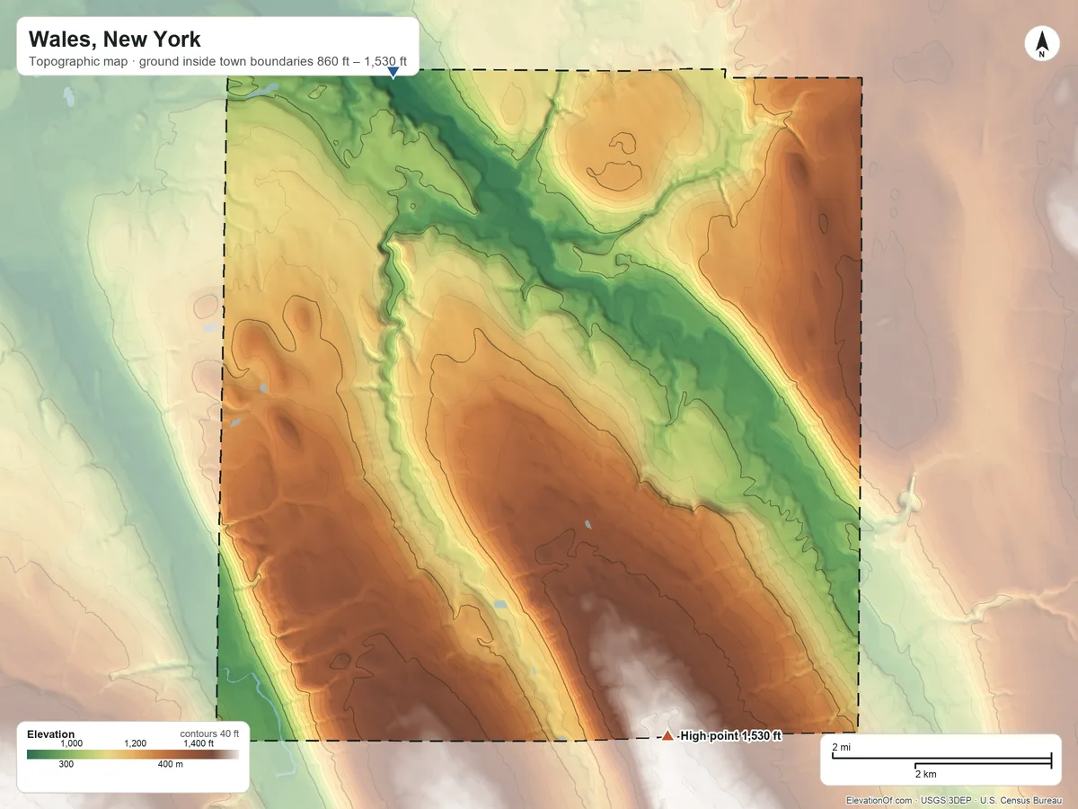 Topographic elevation map of Wales, New York, shaded from 860 ft on the north side to 1,530 ft on the southeast side
