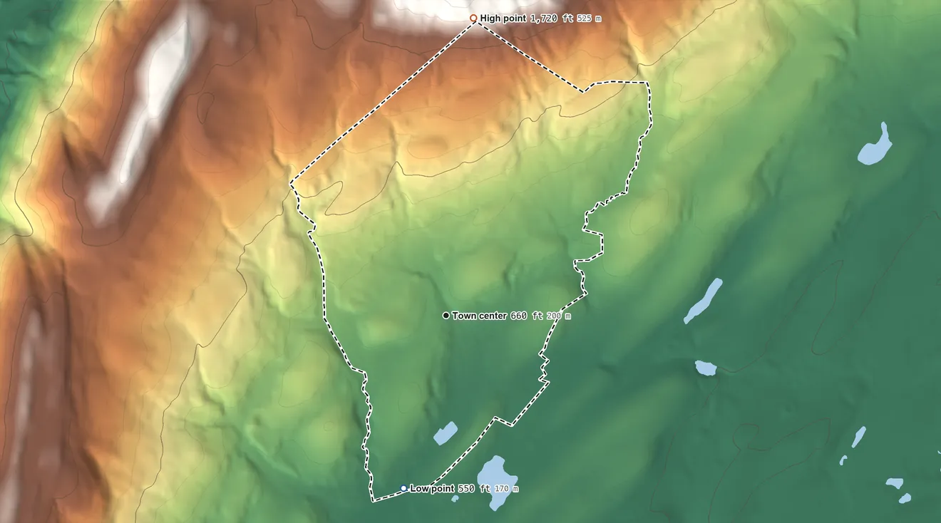 Topographic elevation map of Walker Valley, New York, shaded from 550 ft on the south side to 1,720 ft at the foot of the Shawangunk Mountains
