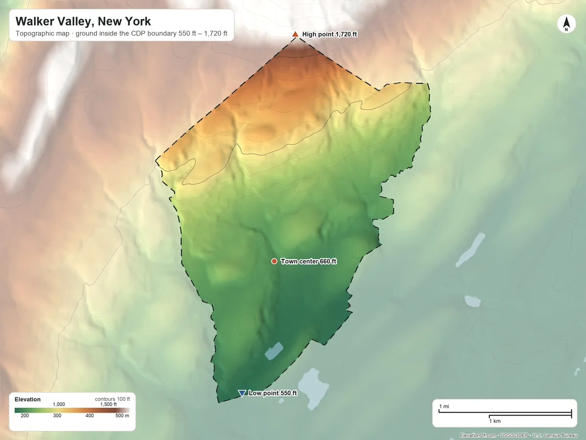 Topographic elevation map of Walker Valley, New York, shaded from 550 ft on the south side to 1,720 ft at the foot of the Shawangunk Mountains