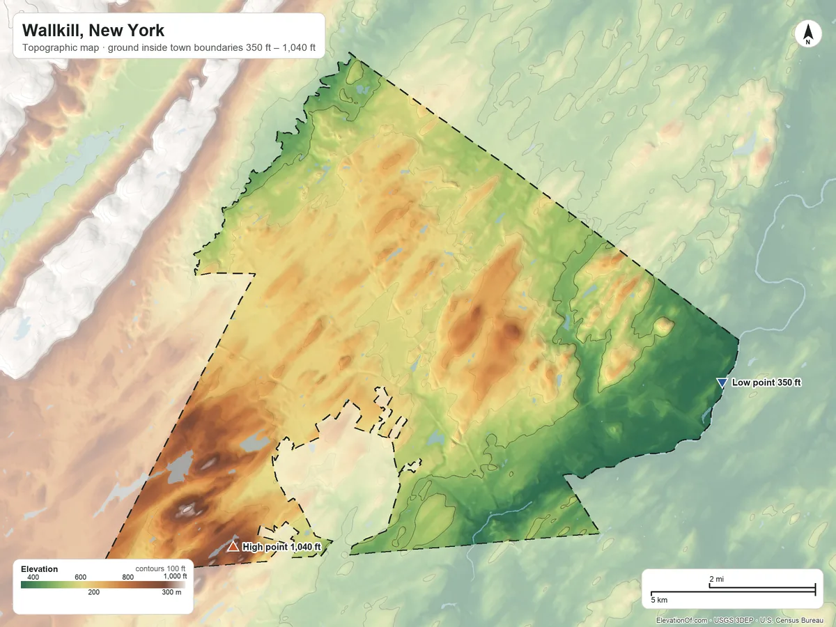 Topographic elevation map of Wallkill, New York, shaded from 350 ft on the east side to 1,040 ft on Sayers Hill