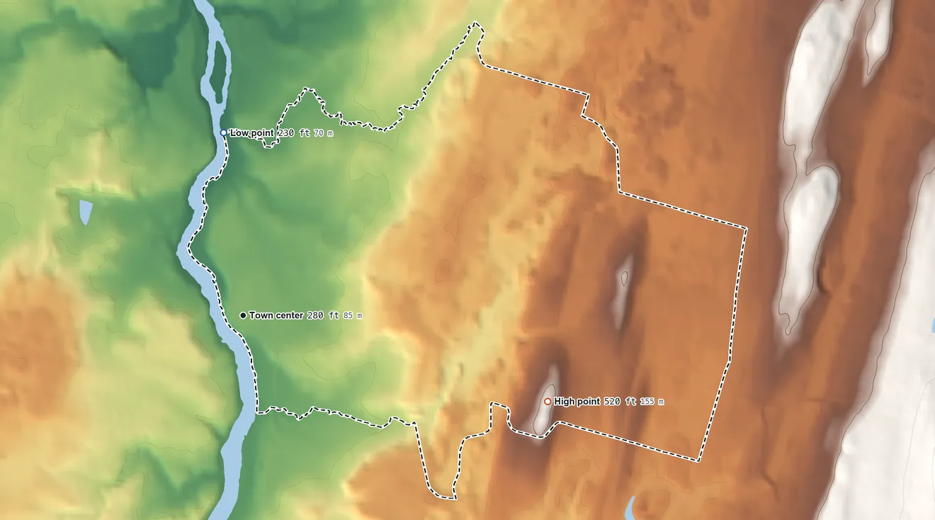 Topographic elevation map of Wallkill, Ulster County, New York, shaded from 230 ft on the north side to 520 ft on the east side