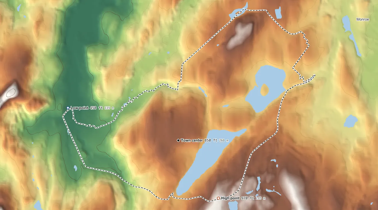Topographic elevation map of Walton Park, New York, shaded from 450 ft on the west side to 970 ft on the southeast side