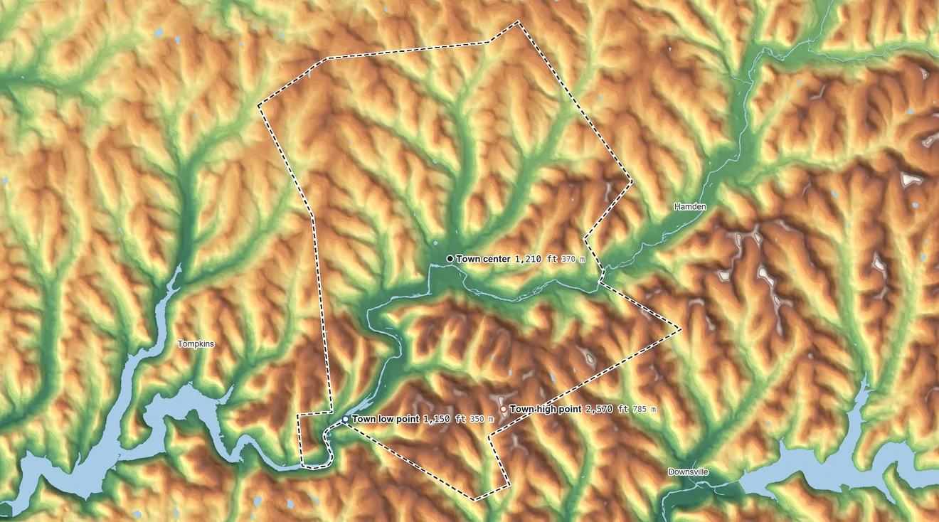 Topographic elevation map of Walton, New York, shaded from 1,150 ft on the southwest side to 2,570 ft on the south side