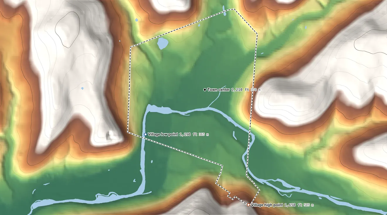Topographic elevation map of Village of Walton, New York, shaded from 1,190 ft on the southwest side to 1,650 ft on the south edge, below higher ground just outside