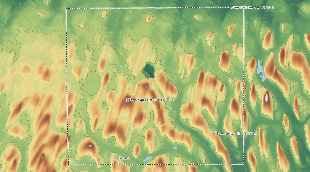 Topographic elevation map of Walworth, New York, shaded from 440 ft on the north side to 650 ft on Kuttruff Hill