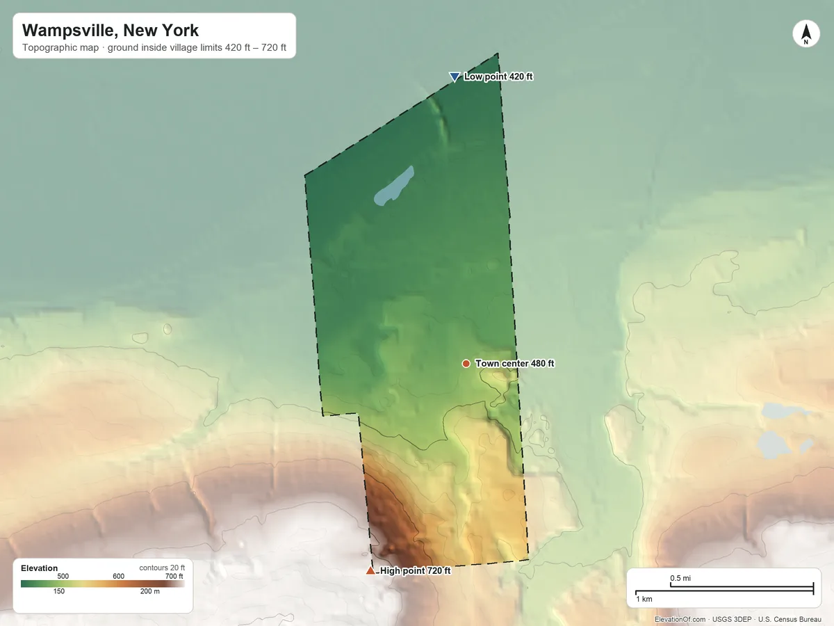 Topographic elevation map of Wampsville, New York, shaded from 420 ft on the north side to 720 ft on the southwest side