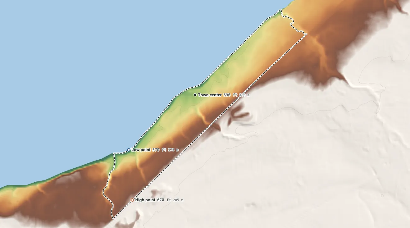 Topographic elevation map of Wanakah, New York, shaded from 570 ft on the southwest side to 670 ft on the southwest side
