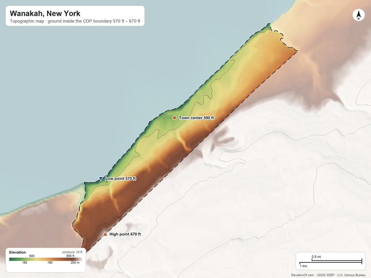 Topographic elevation map of Wanakah, New York, shaded from 570 ft on the southwest side to 670 ft on the southwest side
