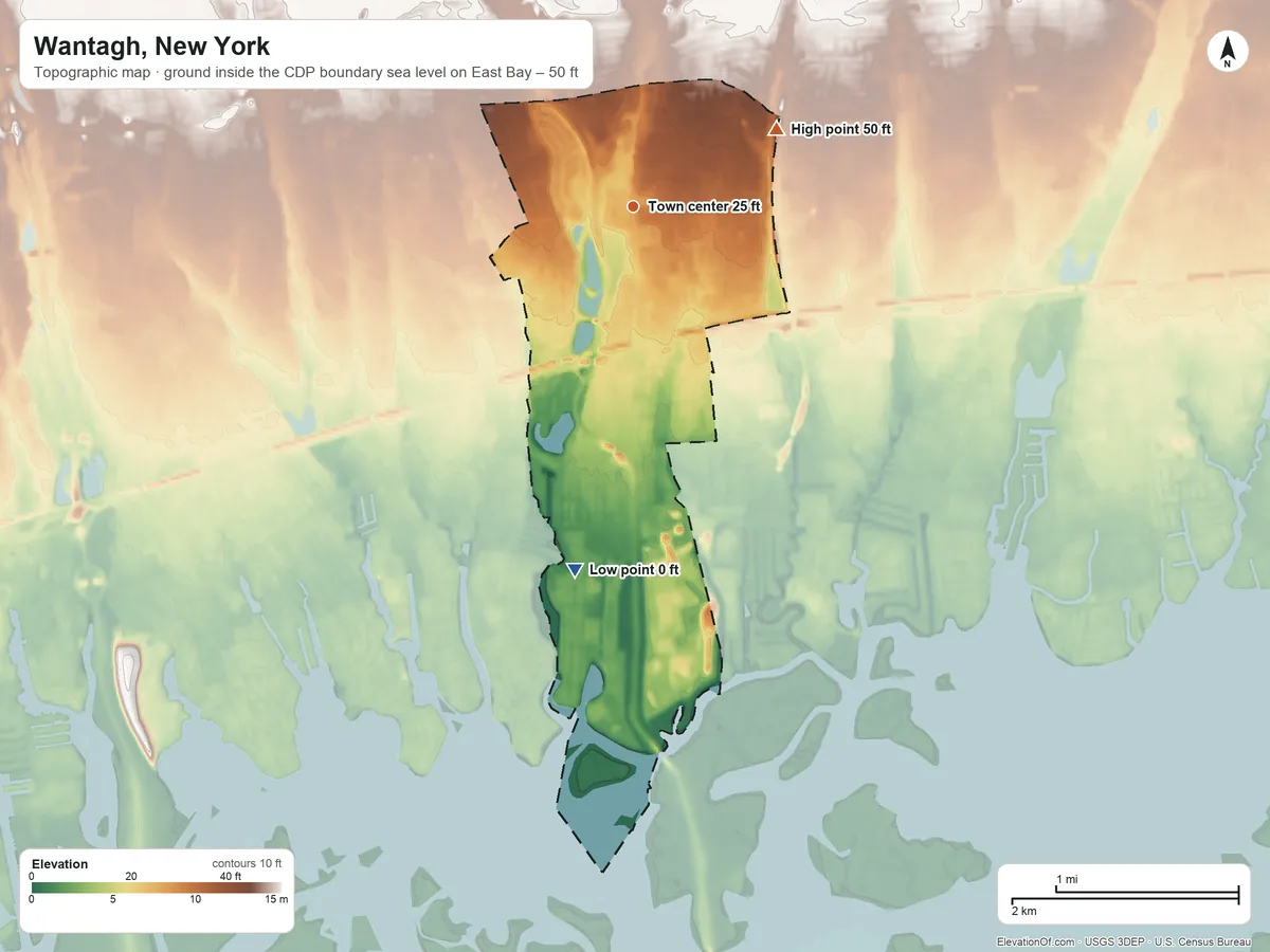 Topographic elevation map of Wantagh, New York, shaded from sea level level on East Bay to 50 ft on the northeast side
