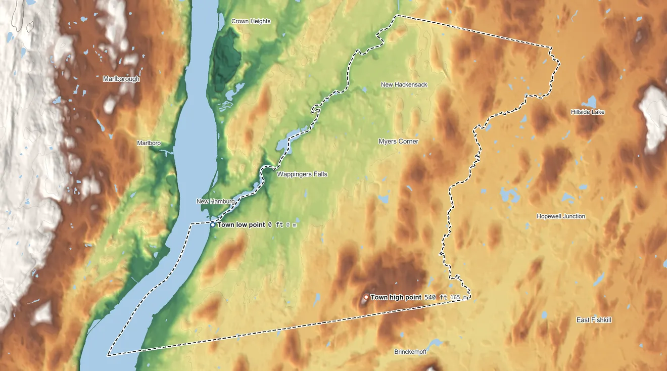 Topographic elevation map of Wappinger, New York, shaded from sea level level on Hudson River Bay to 540 ft on the south side