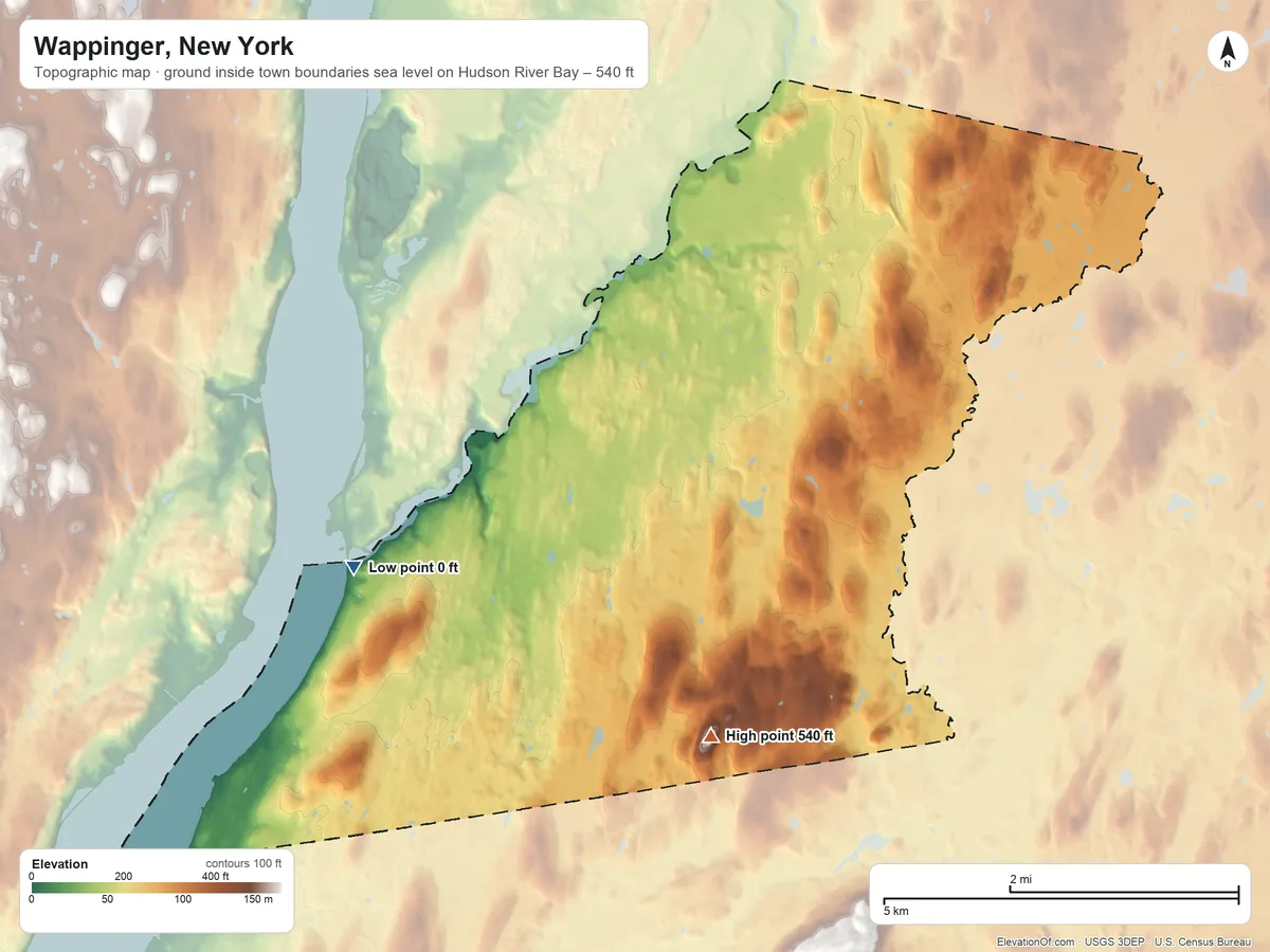 Topographic elevation map of Wappinger, New York, shaded from sea level level on Hudson River Bay to 540 ft on the south side