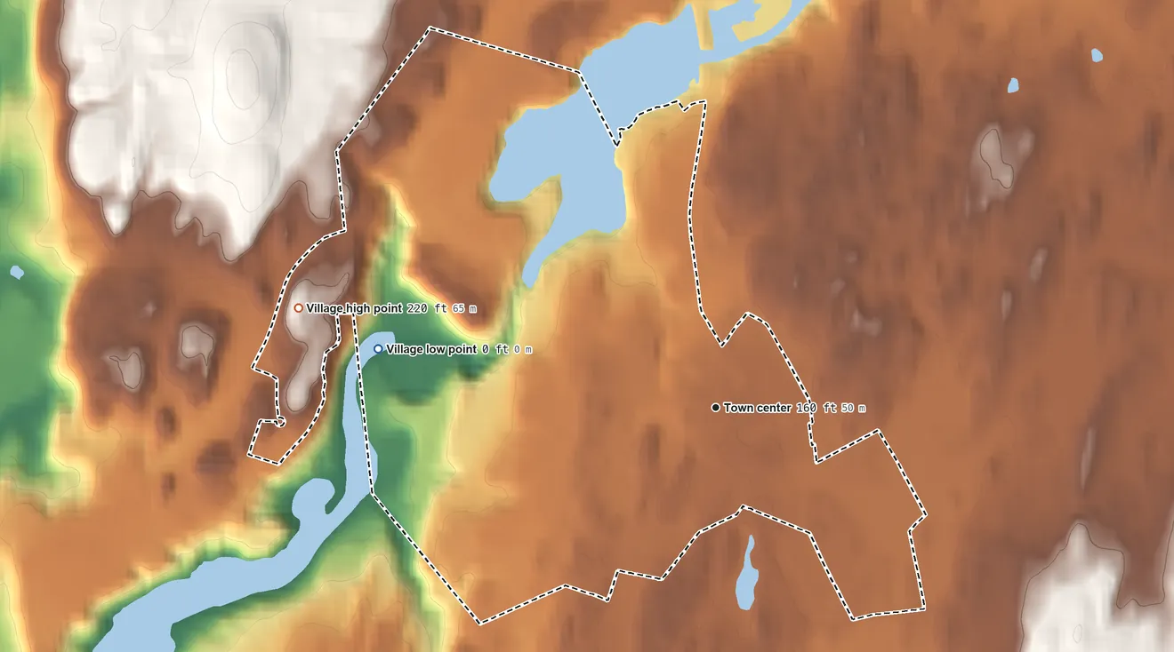 Topographic elevation map of Wappingers Falls, New York, shaded from 0 ft on the west side to 220 ft on the west side