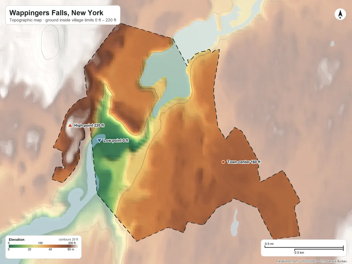 Topographic elevation map of Wappingers Falls, New York, shaded from 0 ft on the west side to 220 ft on the west side