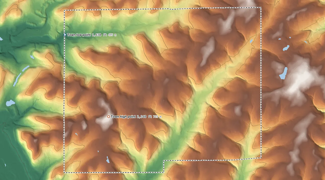 Topographic elevation map of Ward, New York, shaded from 1,630 ft on the northwest side to 2,340 ft on the southwest side