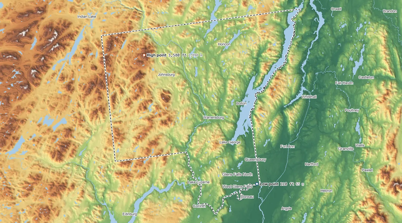 Topographic elevation map of Warren County, New York, shaded from 210 ft on the southeast side to 3,580 ft on Gore Mountain
