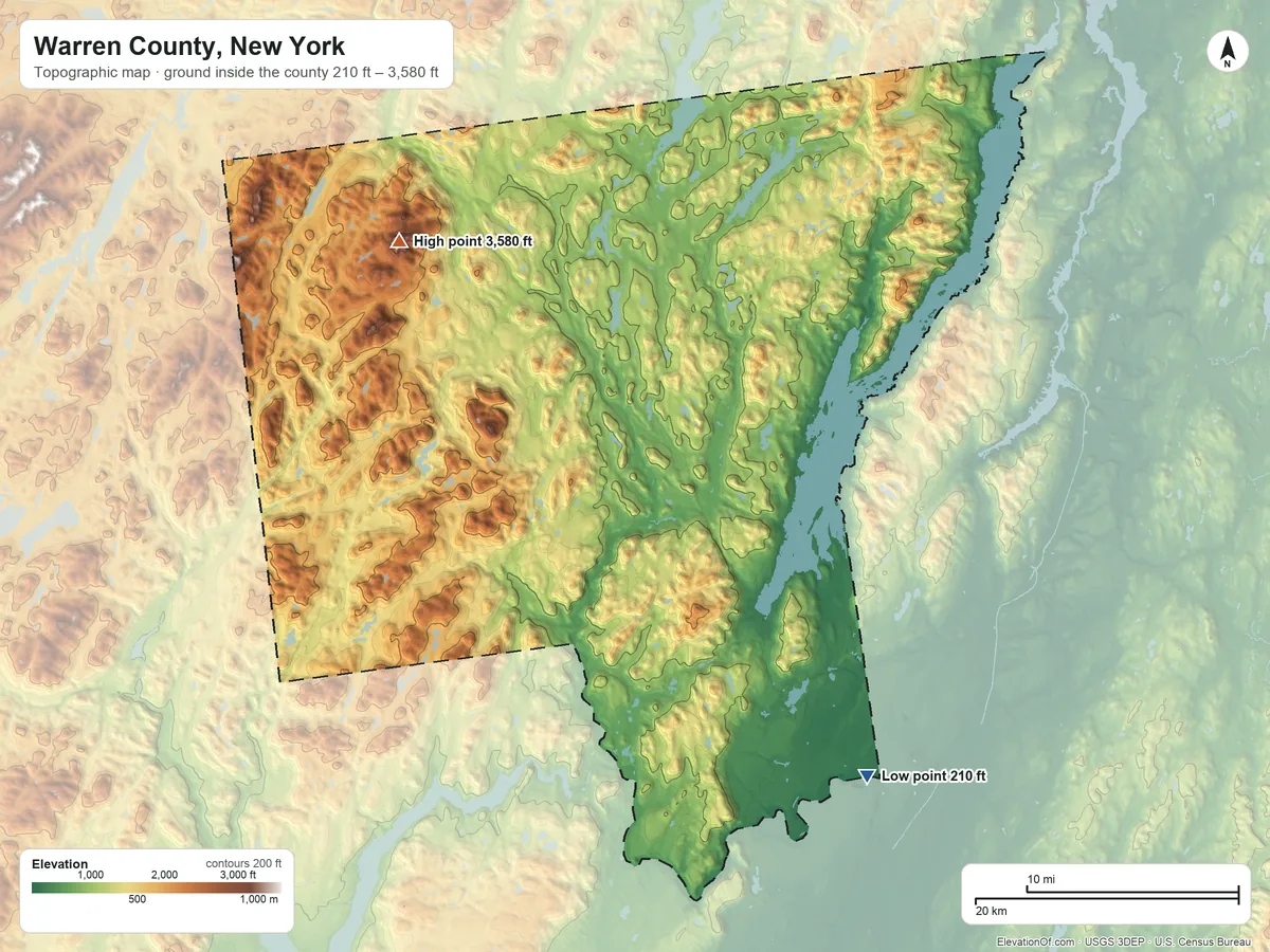 Topographic elevation map of Warren County, New York, shaded from 210 ft on the southeast side to 3,580 ft on Gore Mountain