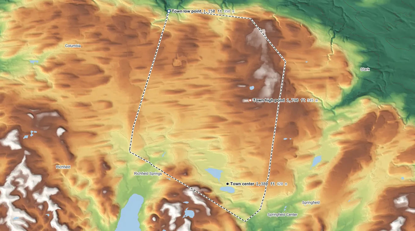 Topographic elevation map of Warren, New York, shaded from 1,150 ft on the north side to 1,790 ft on the north side