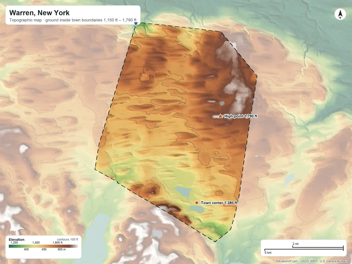 Topographic elevation map of Warren, New York, shaded from 1,150 ft on the north side to 1,790 ft on the north side