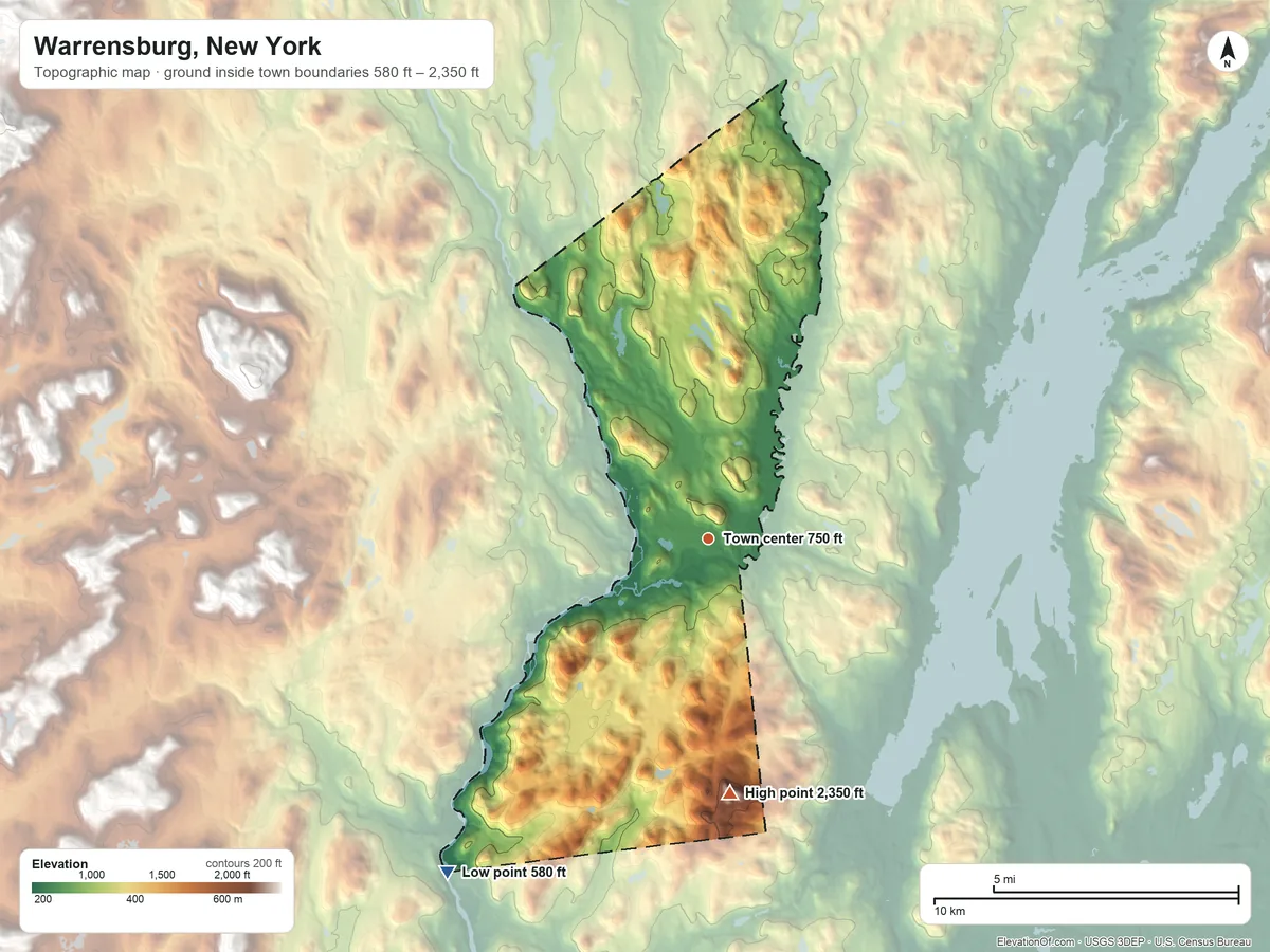 Topographic elevation map of Warrensburg, New York, shaded from 580 ft on the southwest side to 2,350 ft on Black Spruce Mountain