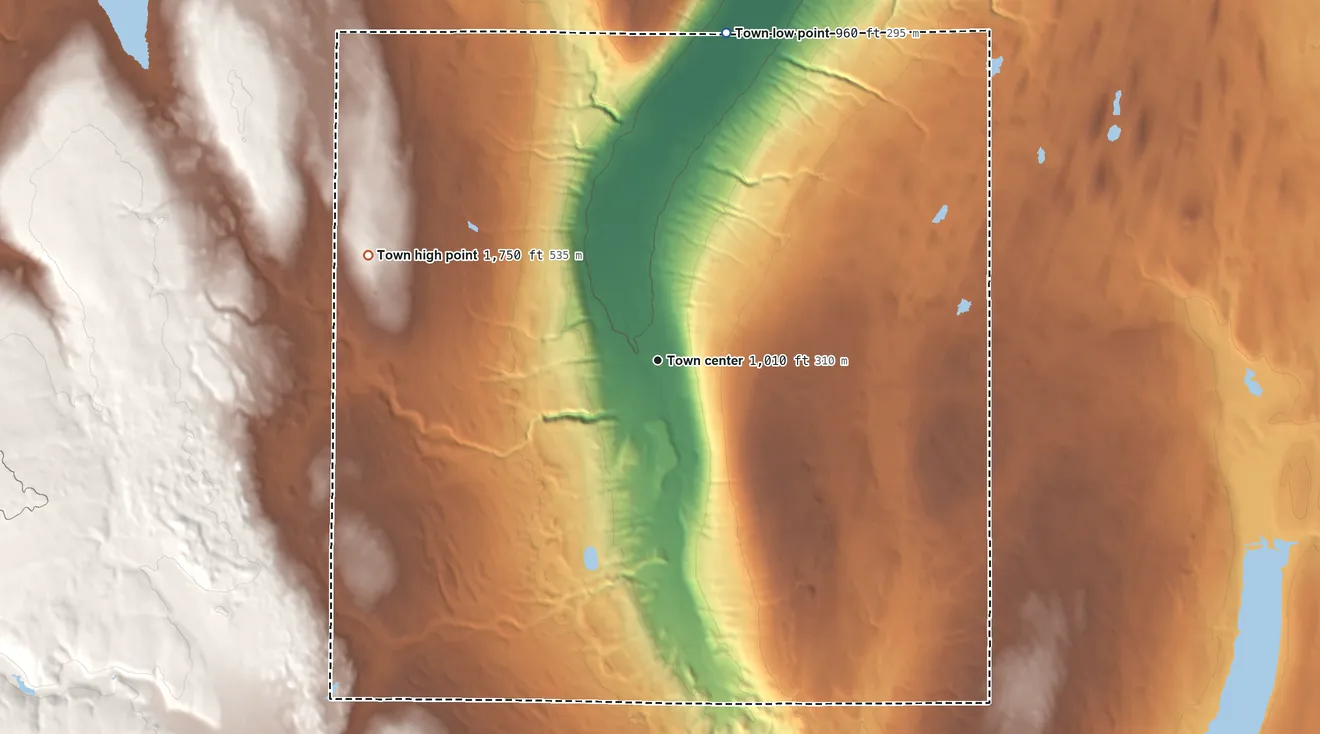 Topographic elevation map of Warsaw, New York, shaded from 960 ft on the north side to 1,750 ft on the west side