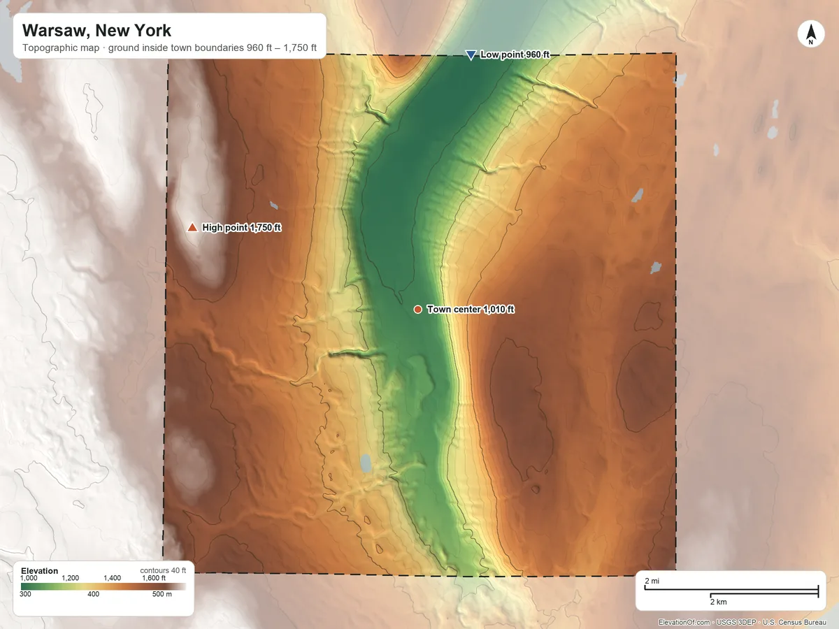 Topographic elevation map of Warsaw, New York, shaded from 960 ft on the north side to 1,750 ft on the west side