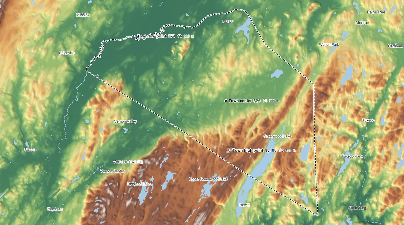 Topographic elevation map of Warwick, New York, shaded from 370 ft on the northwest side to 1,490 ft on Taylor Mountain