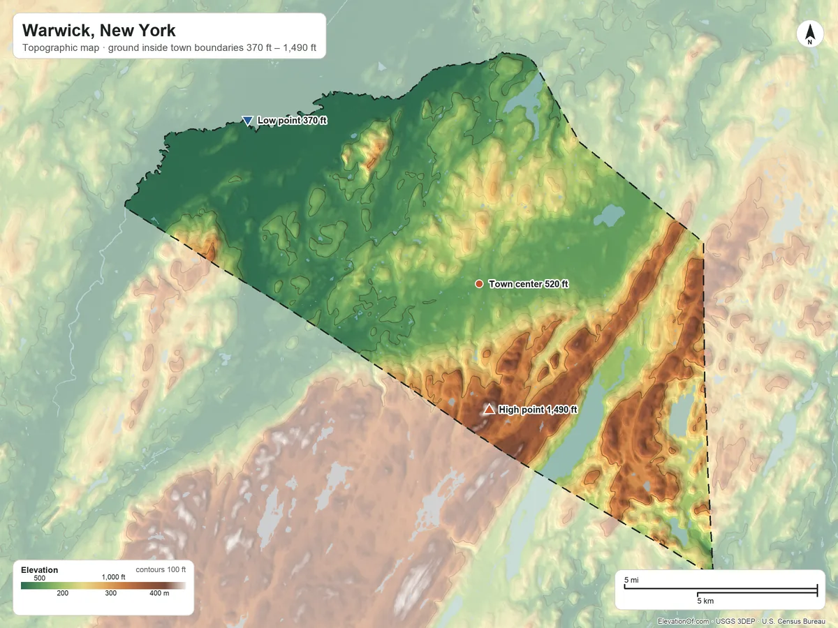 Topographic elevation map of Warwick, New York, shaded from 370 ft on the northwest side to 1,490 ft on Taylor Mountain