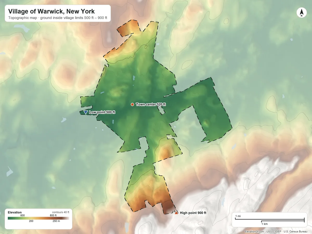 Topographic elevation map of Village of Warwick, New York, shaded from 500 ft on the west side to 900 ft at the foot of the Warwick Mountain