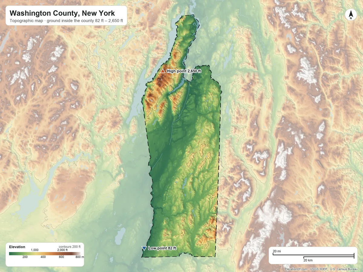 Topographic elevation map of Washington County, New York, shaded from 82 ft on the south side to 2,650 ft on Black Mountain