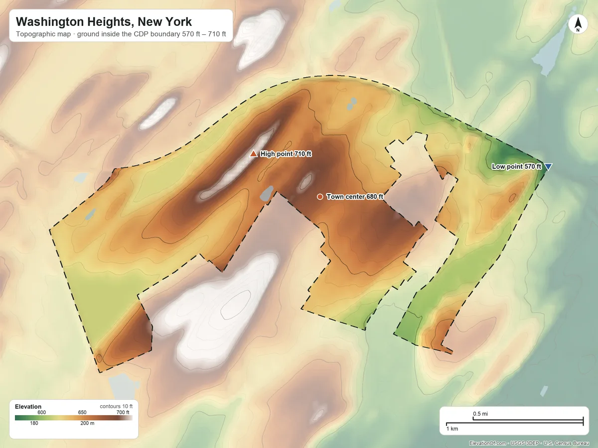 Topographic elevation map of Washington Heights, New York, shaded from 570 ft on the east side to 710 ft on the northwest side